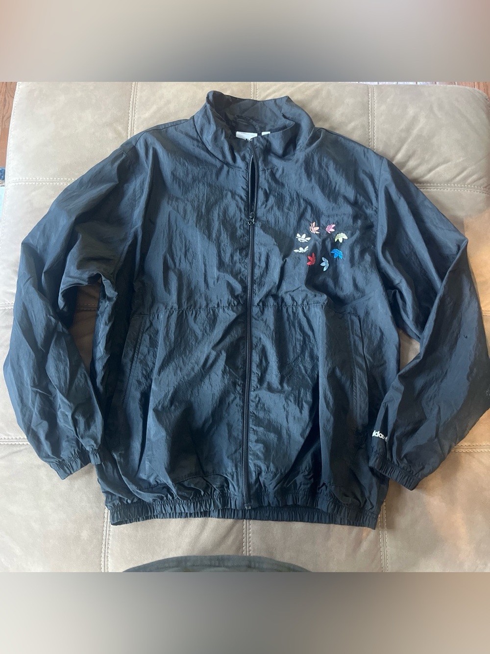 adidas Black Windbreaker Jacket with Small Multicolor Trefoil Accents